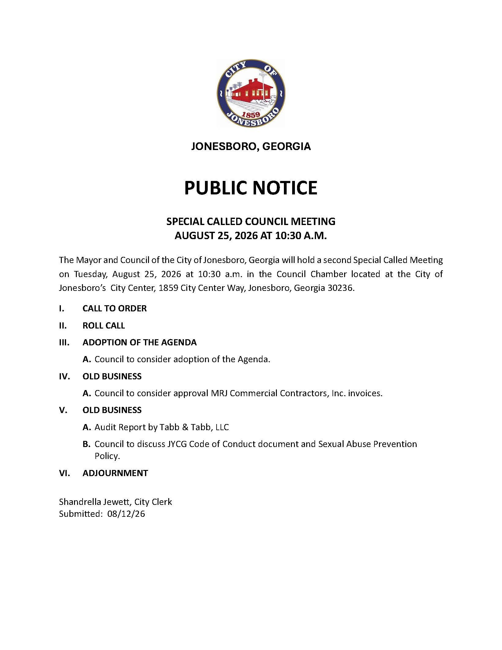 PUBLIC NOTICE - SPECIAL CALLED COUNCIL MEETING